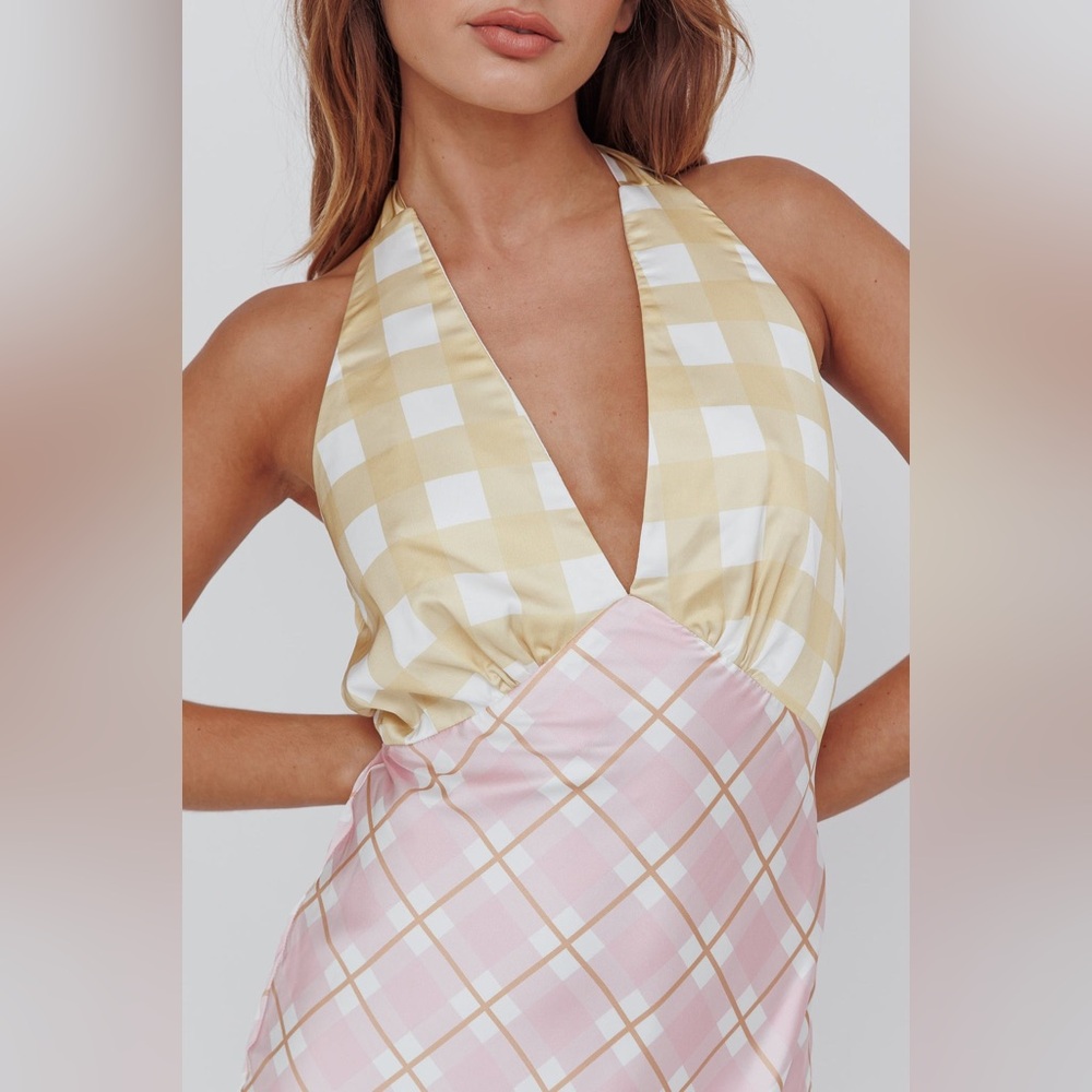 Picnic Plaid Satin Midi Dress Halter Y2K Slip AU 6 US XS - Picture 12 of 16